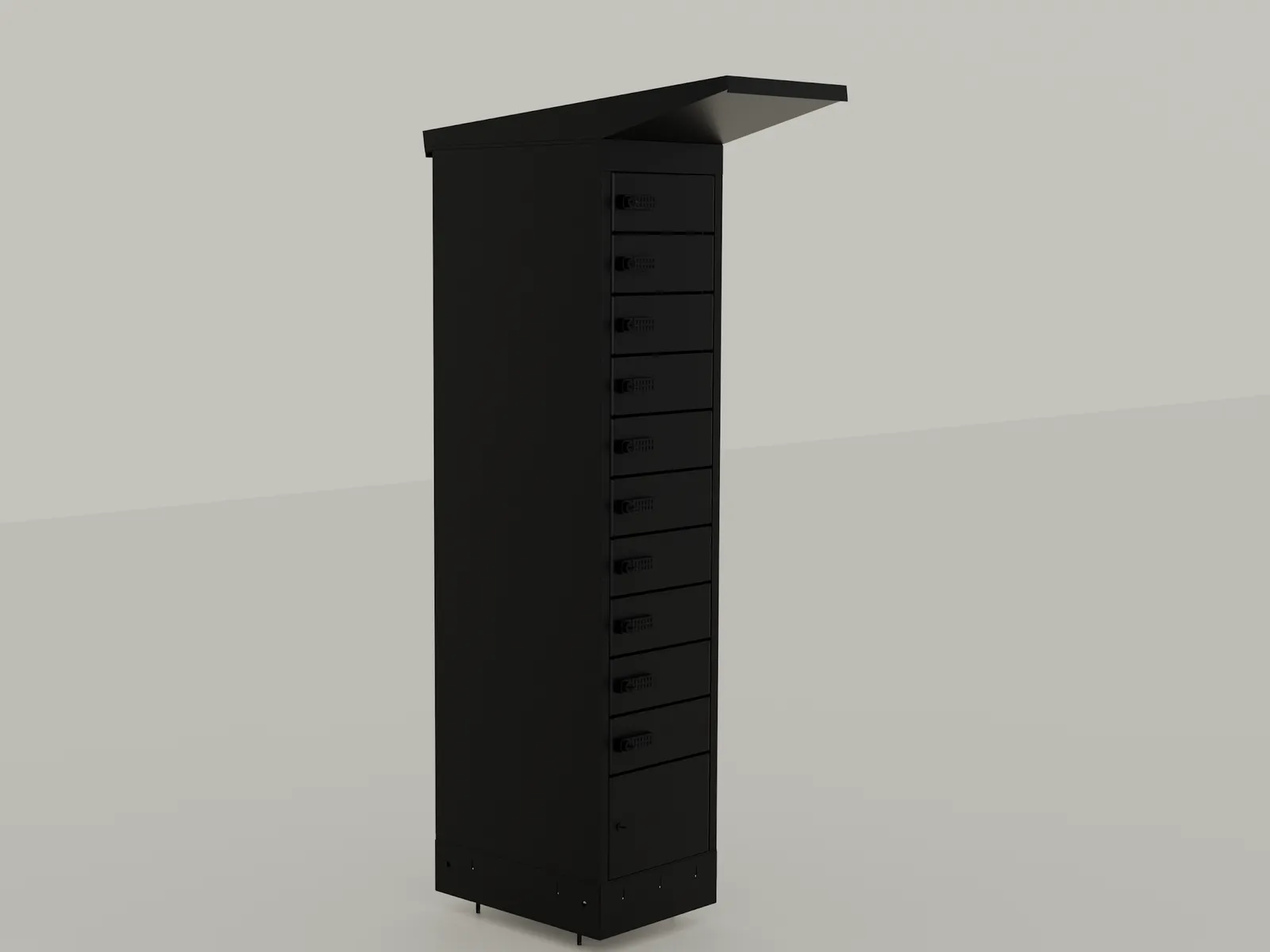 A PowerShelter CoreShelter, a single column of ten lockable battery compartments under a canopy.